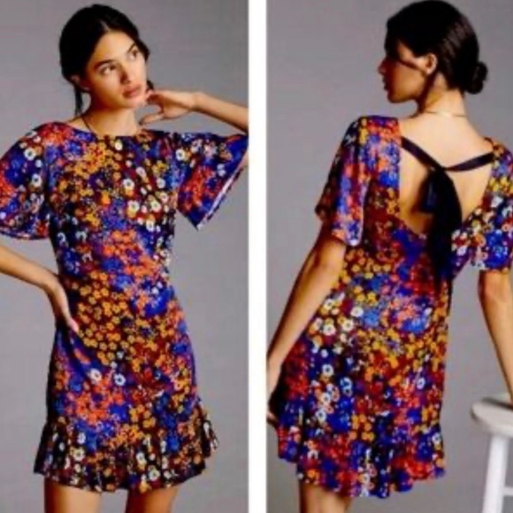 Anthropologie Women's Floral Ruffled Satin Mini Dress Size 2 Multicolor - Picture 1 of 6